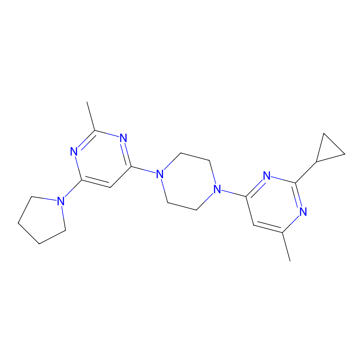4-[4-(2-Cyclopropyl-6-methylpyrimidin-4-yl)piperazin-1-yl]-2-methyl-6-(pyrrolidin-1-yl)pyrimidine molecular structure, CAS 2415471-49-5