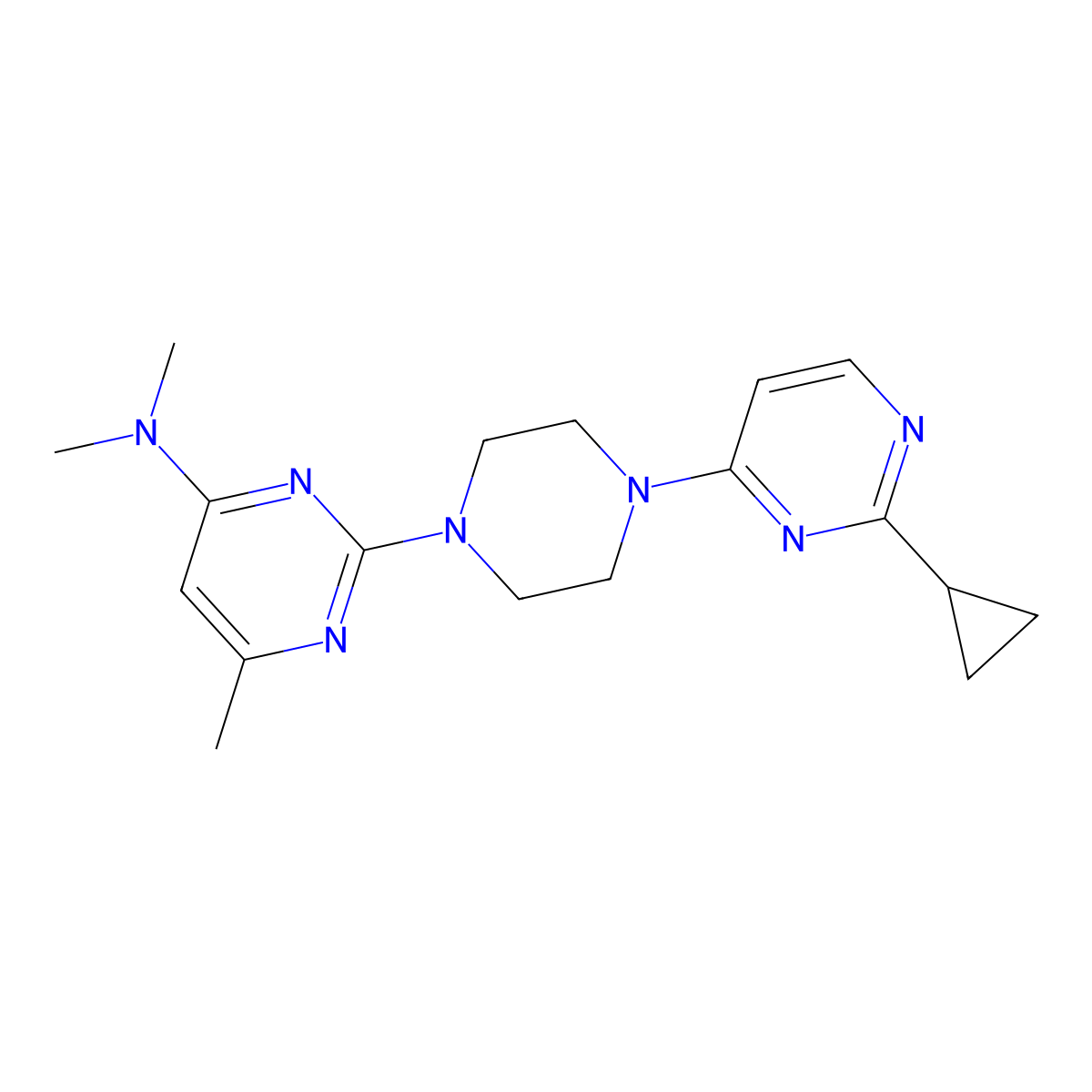 2-[4-(2-Cyclopropylpyrimidin-4-yl)piperazin-1-yl]-N,N,6-trimethylpyrimidin-4-amine molecular structure, CAS 2415471-50-8