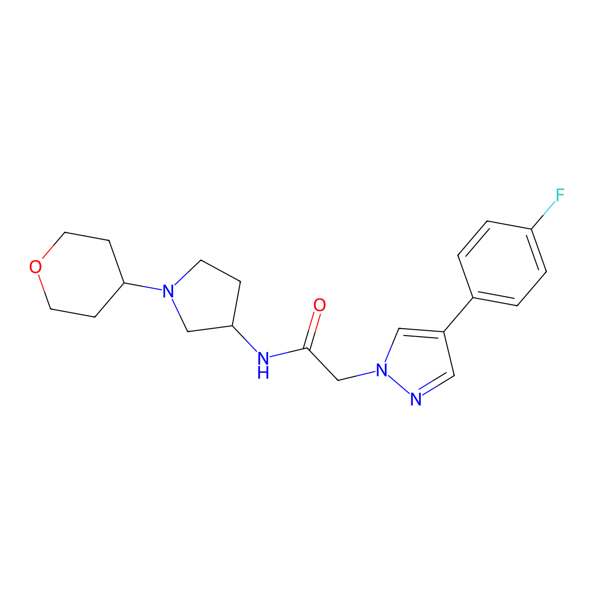 2-[4-(4-fluorophenyl)-1H-pyrazol-1-yl]-N-[1-(oxan-4-yl)pyrrolidin-3-yl]acetamide molecular structure, CAS 2415471-56-4