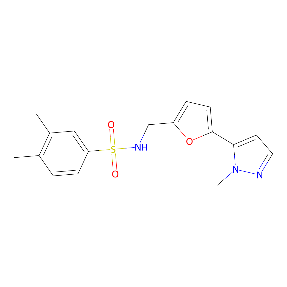 3,4-dimethyl-N-{[5-(1-methyl-1H-pyrazol-5-yl)furan-2-yl]methyl}benzene-1-sulfonamide molecular structure, CAS 2415471-66-6