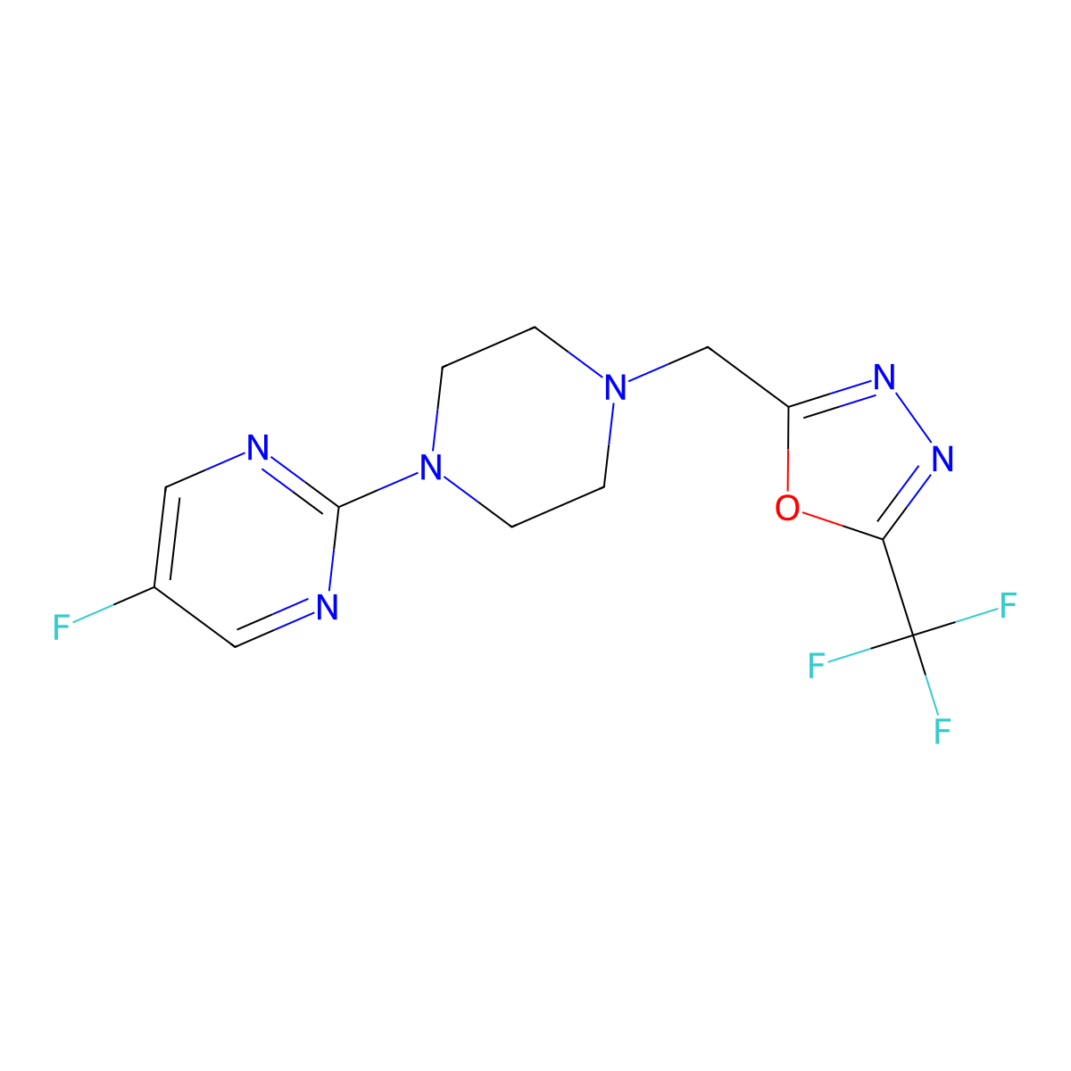 5-Fluoro-2-(4-{[5-(trifluoromethyl)-1,3,4-oxadiazol-2-yl]methyl}piperazin-1-yl)pyrimidine molecular structure, CAS 2415471-71-3