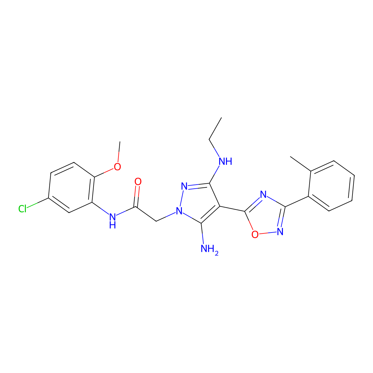 2-[5-amino-3-(ethylamino)-4-[3-(2-methylphenyl)-1,2,4-oxadiazol-5-yl]-1H-pyrazol-1-yl]-N-(5-chloro-2-methoxyphenyl)acetamide molecular structure, CAS 2415471-72-4