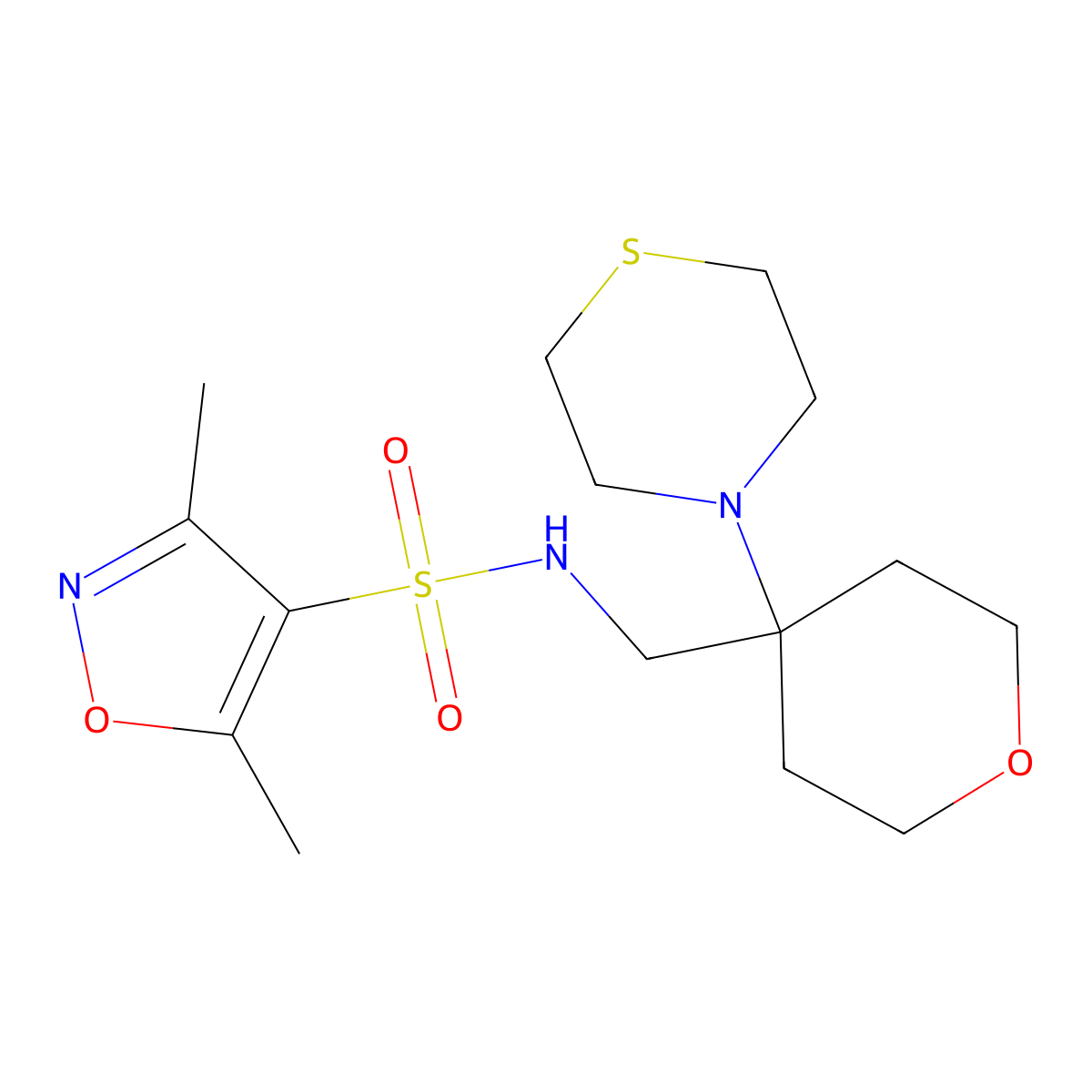 3,5-dimethyl-N-{[4-(thiomorpholin-4-yl)oxan-4-yl]methyl}-1,2-oxazole-4-sulfonamide molecular structure, CAS 2415471-92-8