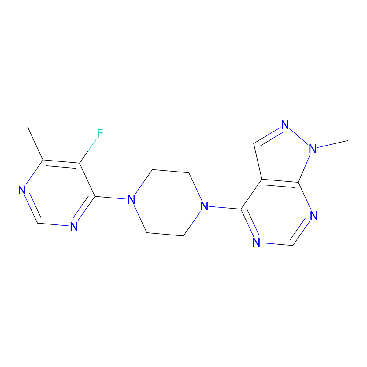 5-fluoro-4-methyl-6-(4-{1-methyl-1H-pyrazolo[3,4-d]pyrimidin-4-yl}piperazin-1-yl)pyrimidine molecular structure, CAS 2415471-94-0
