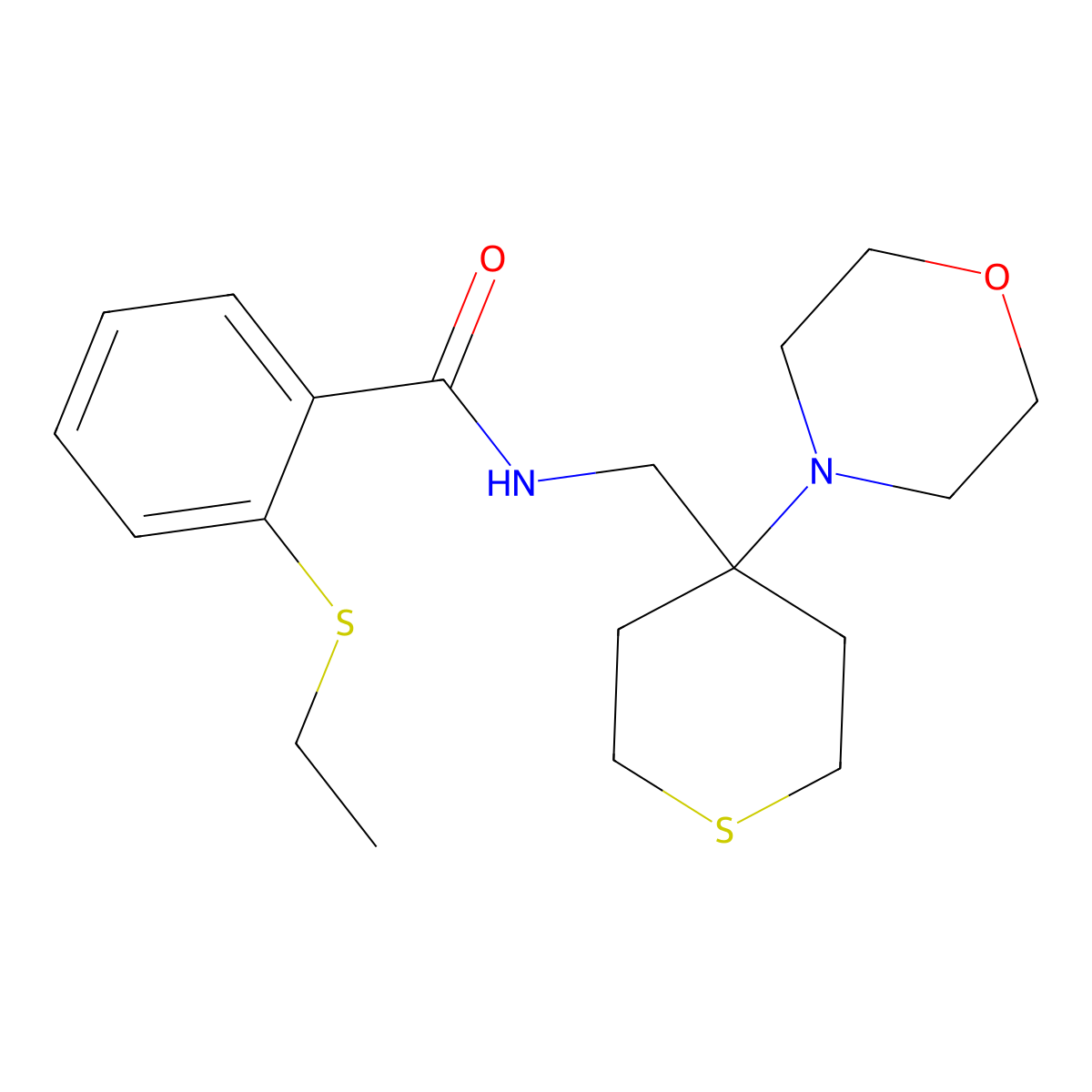 2-(ethylsulfanyl)-N-{[4-(morpholin-4-yl)thian-4-yl]methyl}benzamide molecular structure, CAS 2415471-95-1