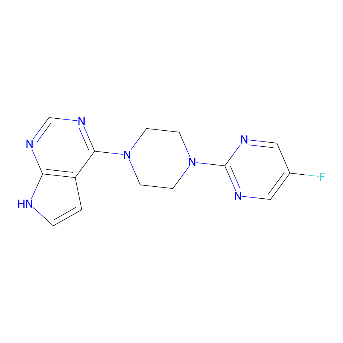 5-fluoro-2-(4-{7H-pyrrolo[2,3-d]pyrimidin-4-yl}piperazin-1-yl)pyrimidine molecular structure, CAS 2415471-99-5