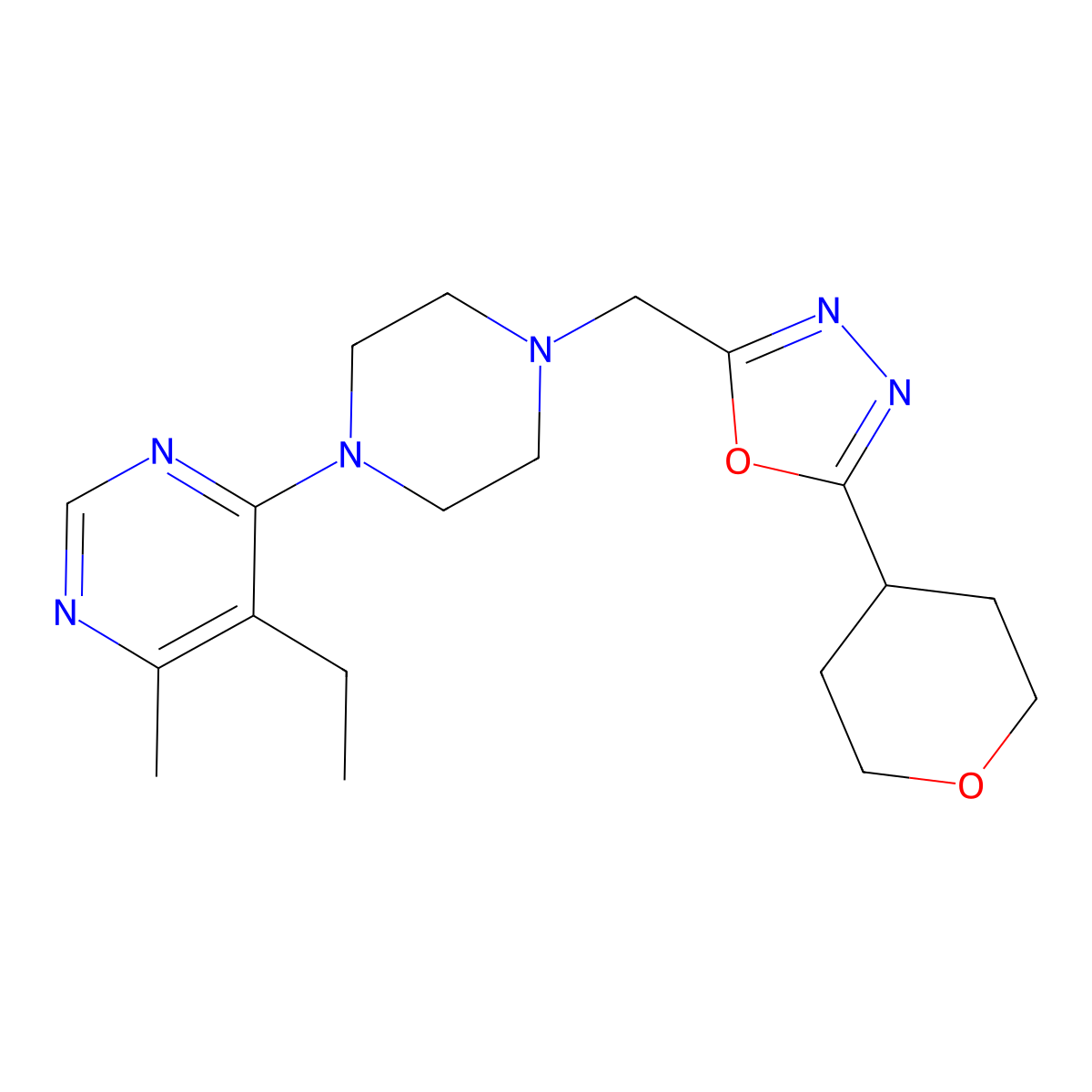 5-Ethyl-4-methyl-6-(4-{[5-(oxan-4-yl)-1,3,4-oxadiazol-2-yl]methyl}piperazin-1-yl)pyrimidine molecular structure, CAS 2415472-00-1