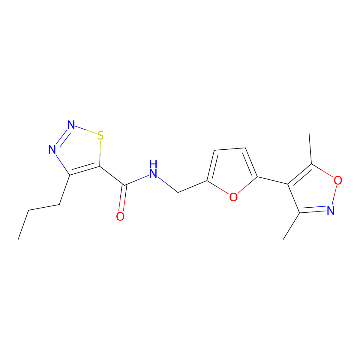 N-{[5-(3,5-dimethyl-1,2-oxazol-4-yl)furan-2-yl]methyl}-4-propyl-1,2,3-thiadiazole-5-carboxamide molecular structure, CAS 2415472-21-6