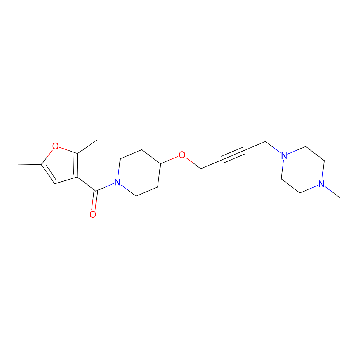 1-(4-{[1-(2,5-Dimethylfuran-3-carbonyl)piperidin-4-yl]oxy}but-2-yn-1-yl)-4-methylpiperazine molecular structure, CAS 2415472-30-7