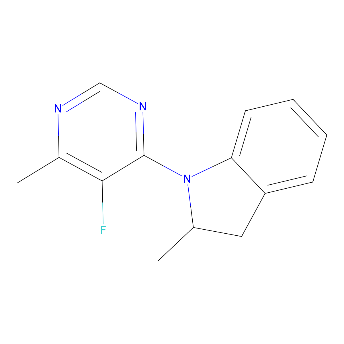 1-(5-fluoro-6-methylpyrimidin-4-yl)-2-methyl-2,3-dihydro-1H-indole molecular structure, CAS 2415472-45-4