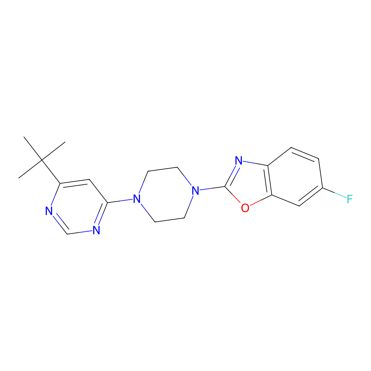 2-[4-(6-Tert-butylpyrimidin-4-yl)piperazin-1-yl]-6-fluoro-1,3-benzoxazole molecular structure, CAS 2415472-57-8