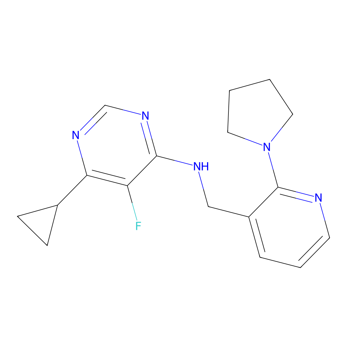 6-cyclopropyl-5-fluoro-N-{[2-(pyrrolidin-1-yl)pyridin-3-yl]methyl}pyrimidin-4-amine molecular structure, CAS 2415472-60-3