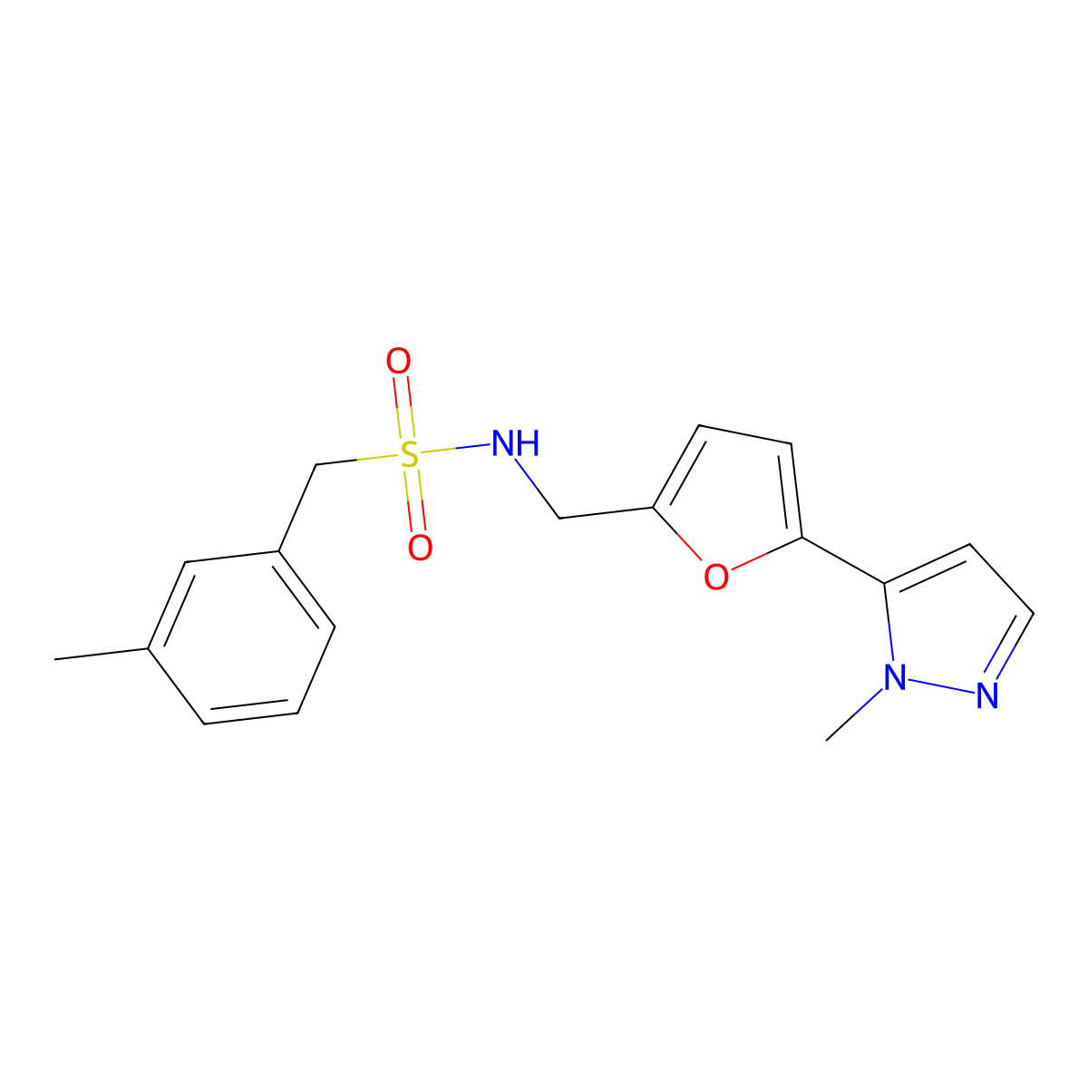 N-{[5-(1-methyl-1H-pyrazol-5-yl)furan-2-yl]methyl}-1-(3-methylphenyl)methanesulfonamide molecular structure, CAS 2415472-69-2