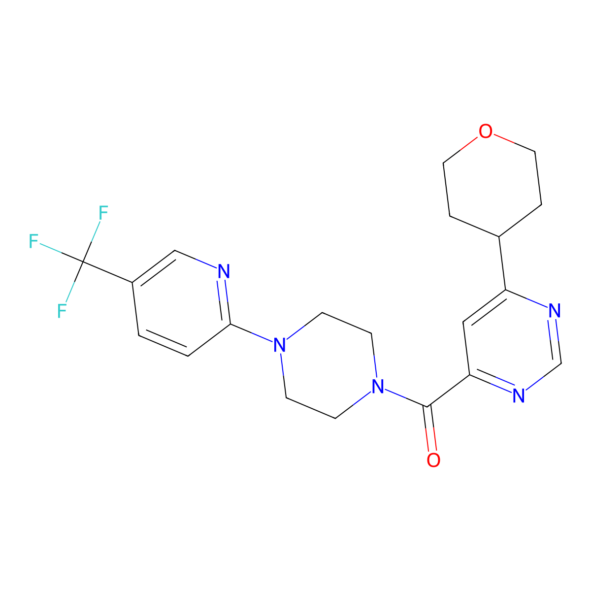 4-(Oxan-4-yl)-6-{4-[5-(trifluoromethyl)pyridin-2-yl]piperazine-1-carbonyl}pyrimidine molecular structure, CAS 2415472-88-5