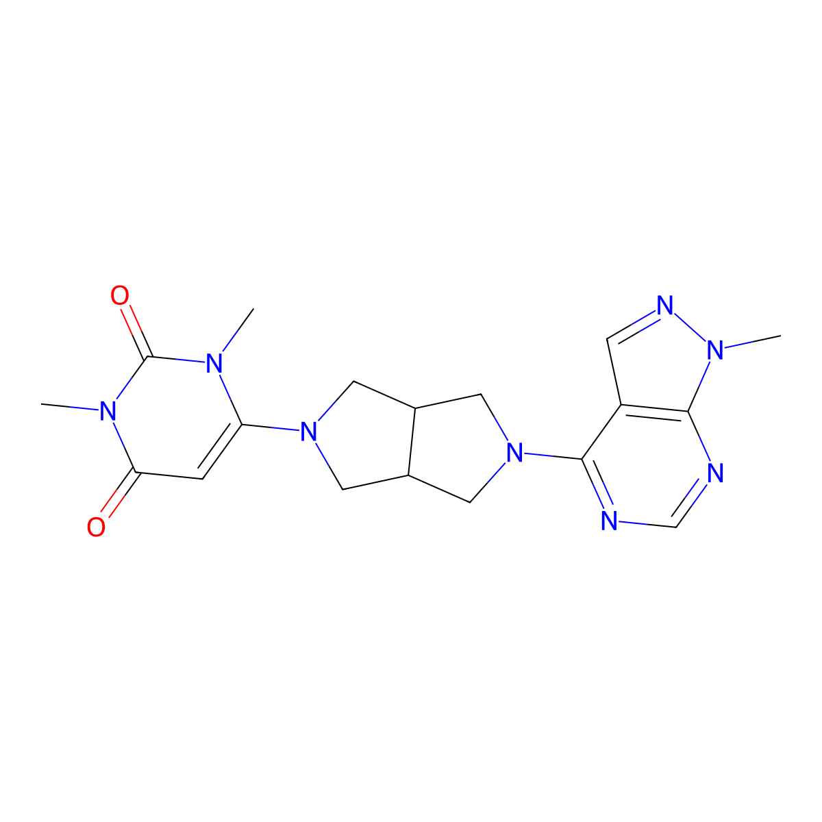1,3-dimethyl-6-(5-{1-methyl-1H-pyrazolo[3,4-d]pyrimidin-4-yl}-octahydropyrrolo[3,4-c]pyrrol-2-yl)-1,2,3,4-tetrahydropyrimidine-2,4-dione molecular structure, CAS 2415472-92-1