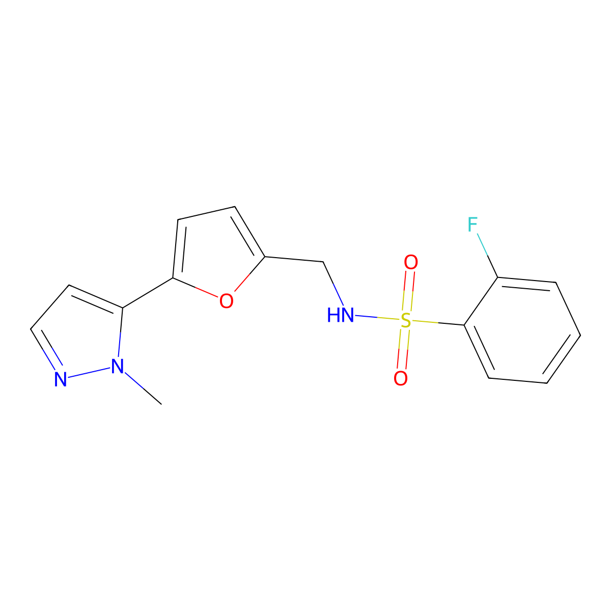 2-fluoro-N-{[5-(1-methyl-1H-pyrazol-5-yl)furan-2-yl]methyl}benzene-1-sulfonamide molecular structure, CAS 2415473-00-4