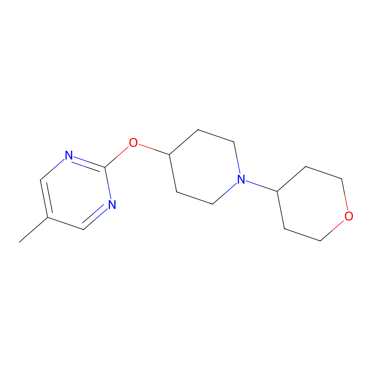 5-Methyl-2-{[1-(oxan-4-yl)piperidin-4-yl]oxy}pyrimidine molecular structure, CAS 2415473-06-0