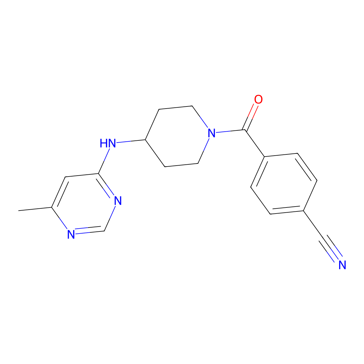 4-{4-[(6-Methylpyrimidin-4-yl)amino]piperidine-1-carbonyl}benzonitrile molecular structure, CAS 2415487-39-5