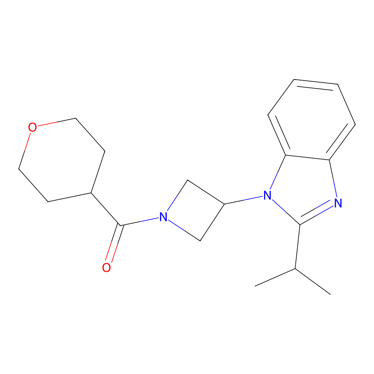 1-[1-(oxane-4-carbonyl)azetidin-3-yl]-2-(propan-2-yl)-1H-1,3-benzodiazole molecular structure, CAS 2415487-57-7