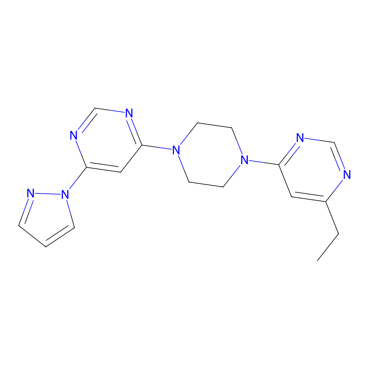 4-[4-(6-ethylpyrimidin-4-yl)piperazin-1-yl]-6-(1H-pyrazol-1-yl)pyrimidine molecular structure, CAS 2415487-59-9