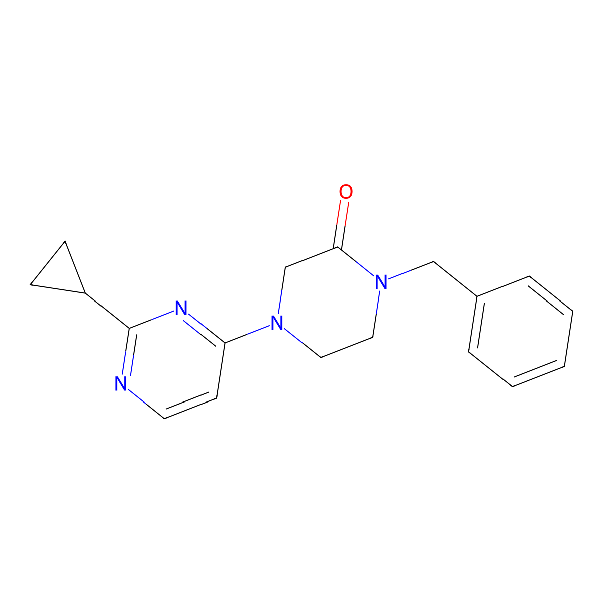 1-Benzyl-4-(2-cyclopropylpyrimidin-4-yl)piperazin-2-one molecular structure, CAS 2415487-63-5