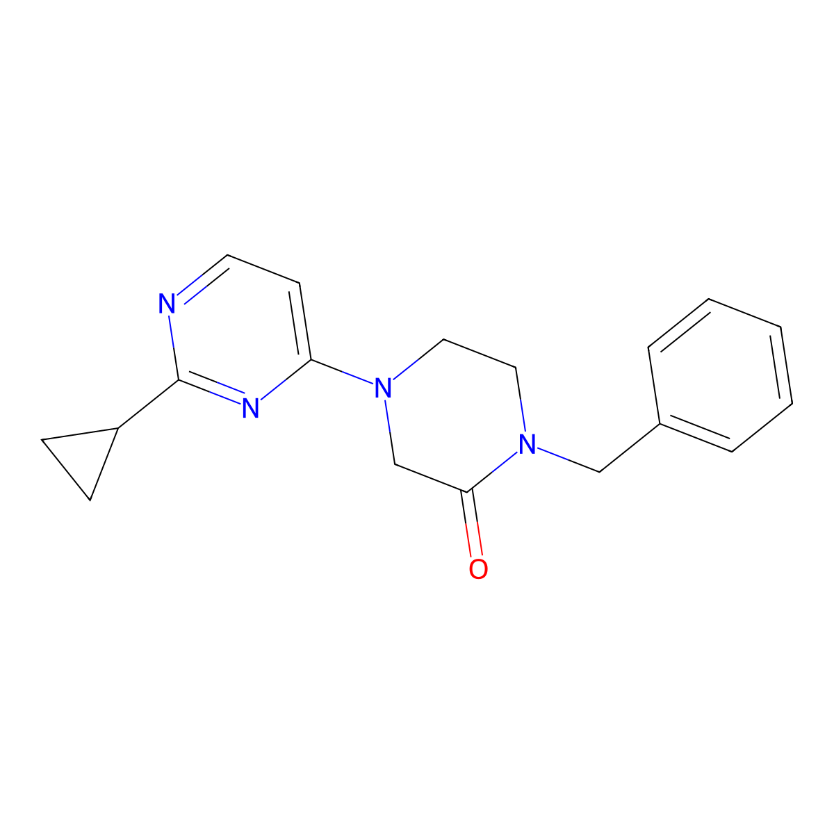 1-Benzyl-4-(2-cyclopropylpyrimidin-4-yl)piperazin-2-one molecular structure, CAS 2415487-63-5