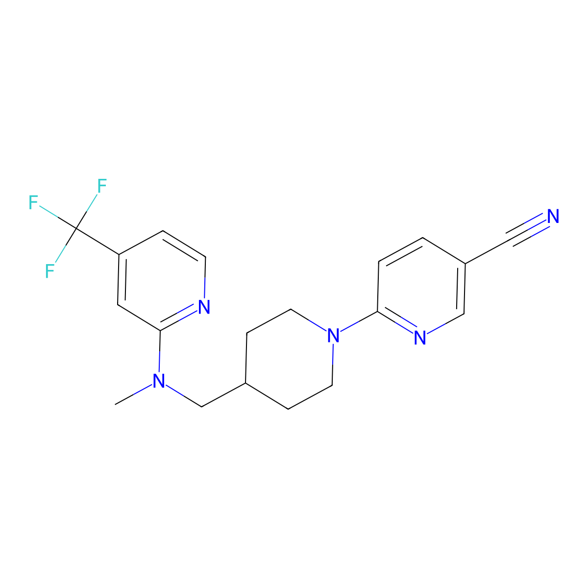 6-[4-({Methyl[4-(trifluoromethyl)pyridin-2-yl]amino}methyl)piperidin-1-yl]pyridine-3-carbonitrile molecular structure, CAS 2415487-72-6