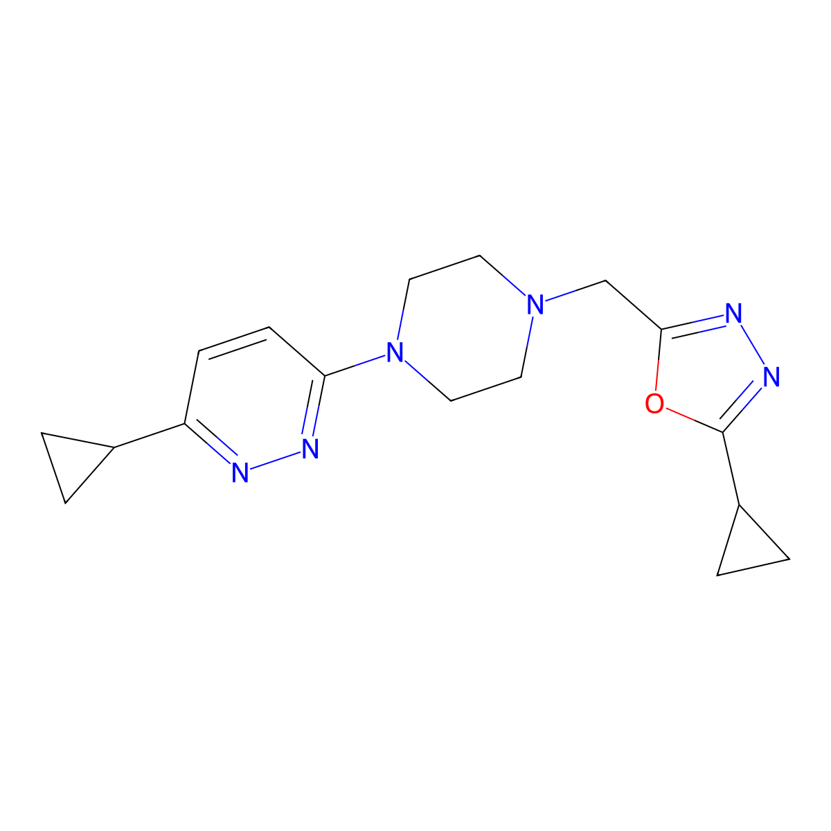 3-Cyclopropyl-6-{4-[(5-cyclopropyl-1,3,4-oxadiazol-2-yl)methyl]piperazin-1-yl}pyridazine molecular structure, CAS 2415487-79-3