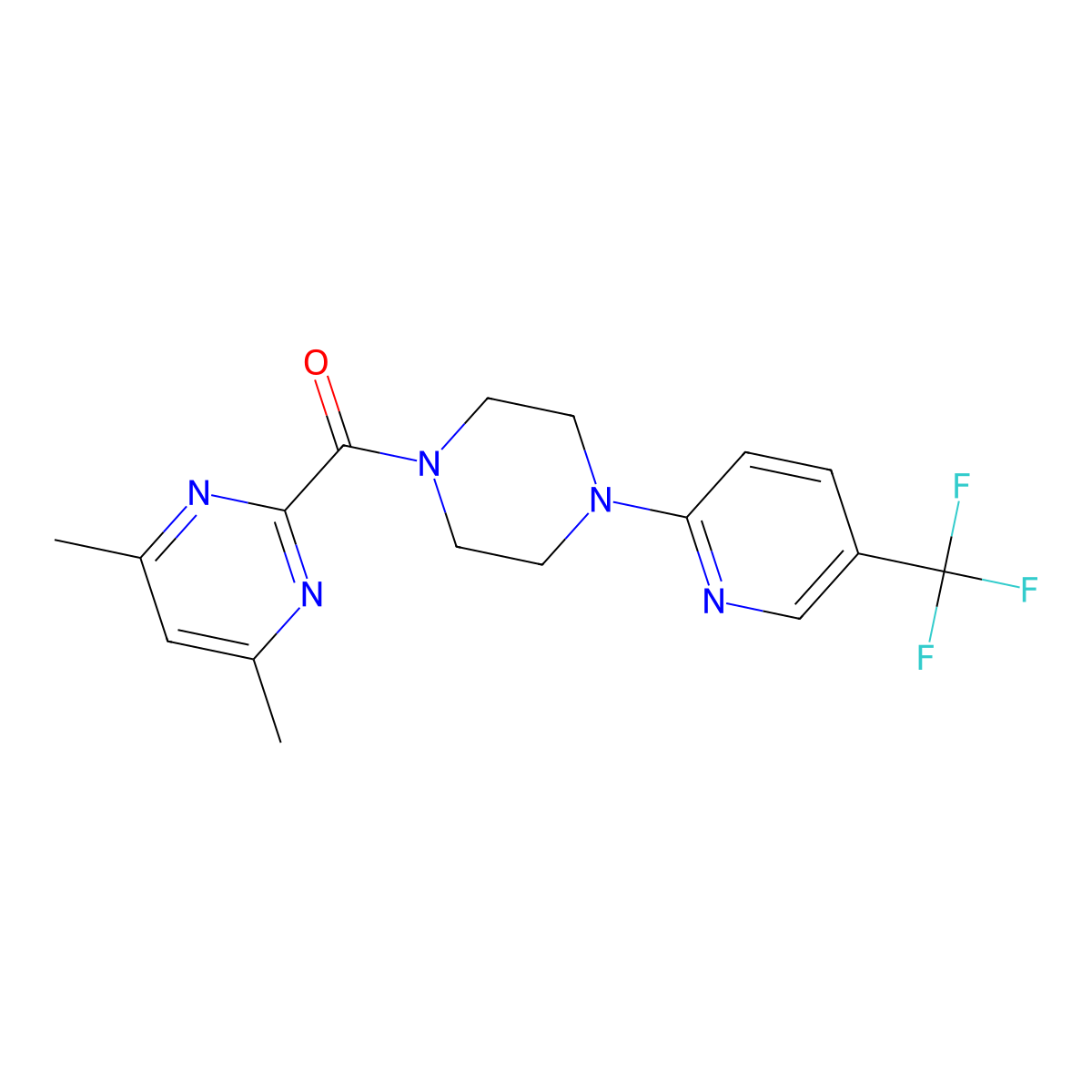 4,6-Dimethyl-2-{4-[5-(trifluoromethyl)pyridin-2-yl]piperazine-1-carbonyl}pyrimidine molecular structure, CAS 2415487-83-9