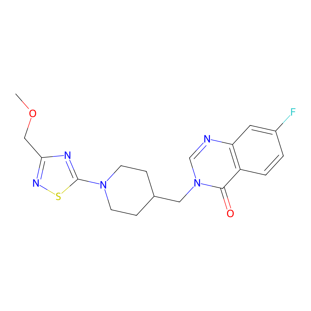 7-Fluoro-3-({1-[3-(methoxymethyl)-1,2,4-thiadiazol-5-yl]piperidin-4-yl}methyl)-3,4-dihydroquinazolin-4-one molecular structure, CAS 2415487-90-8