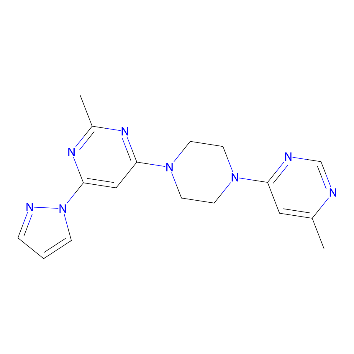 2-methyl-4-[4-(6-methylpyrimidin-4-yl)piperazin-1-yl]-6-(1H-pyrazol-1-yl)pyrimidine molecular structure, CAS 2415487-93-1