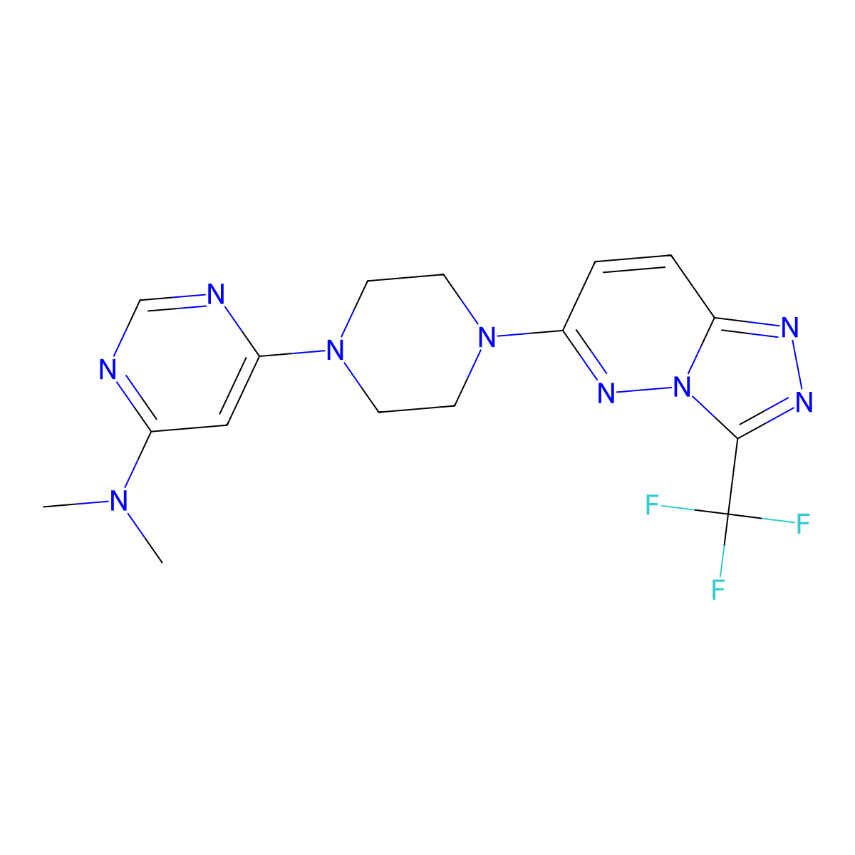 N,N-dimethyl-6-{4-[3-(trifluoromethyl)-[1,2,4]triazolo[4,3-b]pyridazin-6-yl]piperazin-1-yl}pyrimidin-4-amine molecular structure, CAS 2415487-97-5