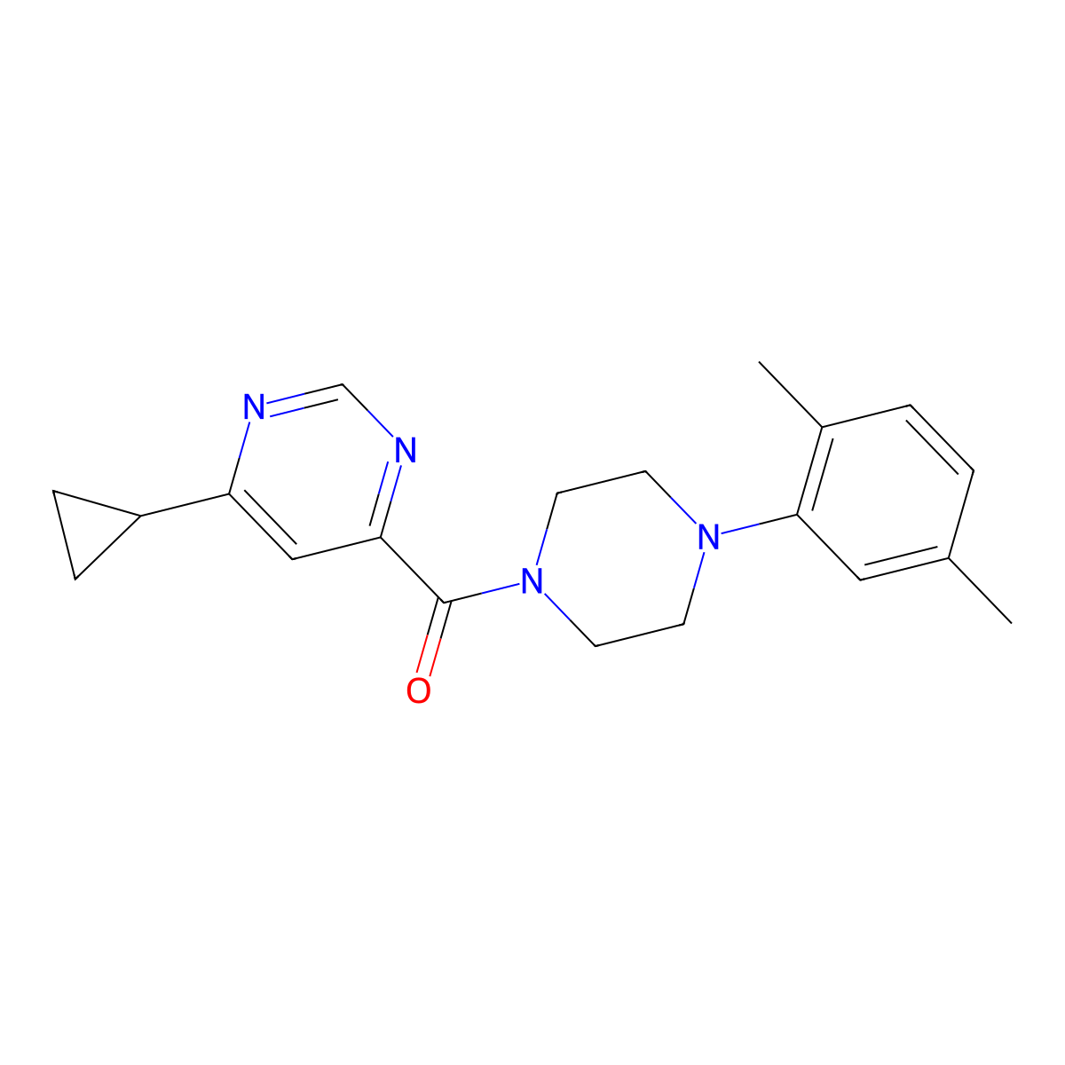 4-Cyclopropyl-6-[4-(2,5-dimethylphenyl)piperazine-1-carbonyl]pyrimidine molecular structure, CAS 2415488-03-6
