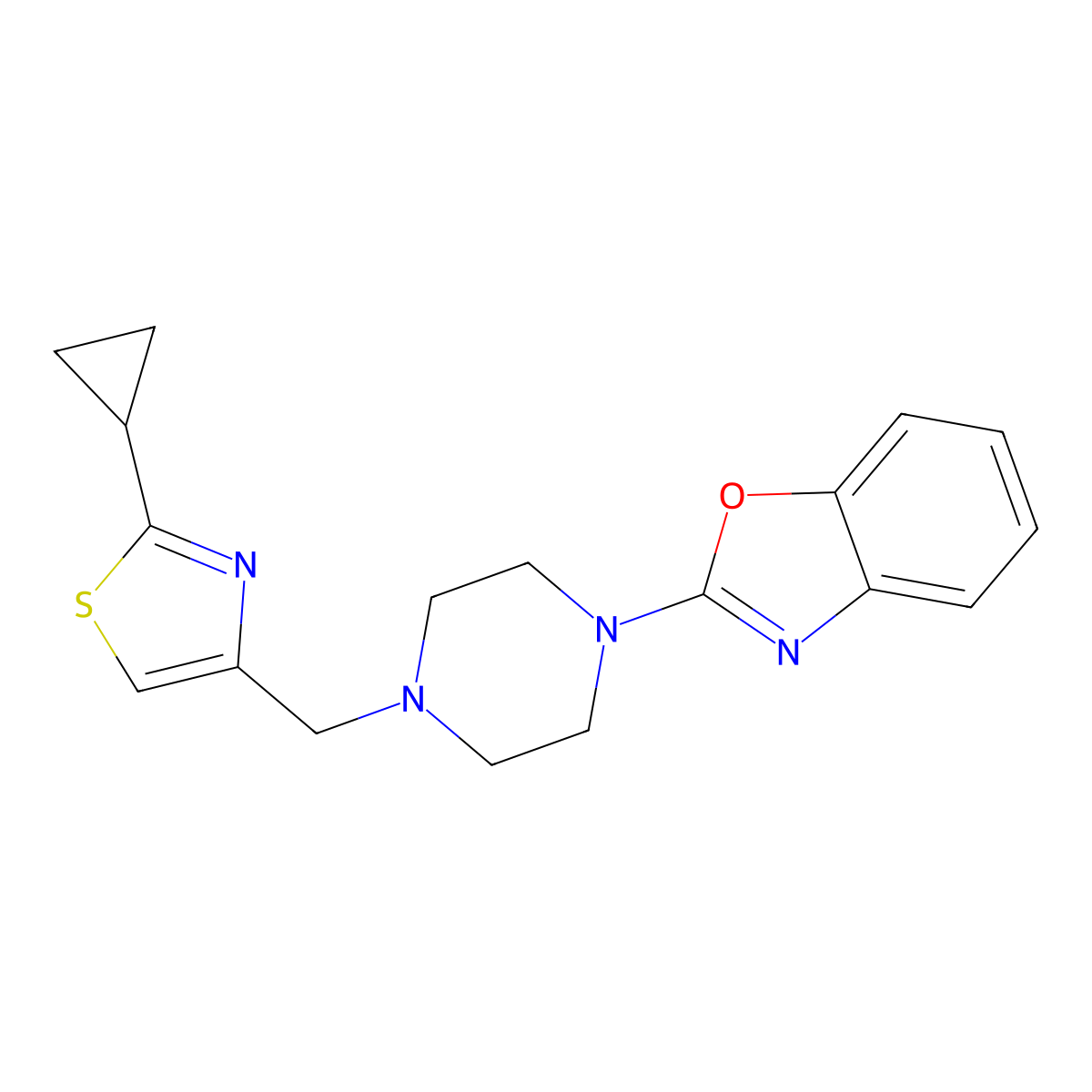 2-{4-[(2-Cyclopropyl-1,3-thiazol-4-yl)methyl]piperazin-1-yl}-1,3-benzoxazole molecular structure, CAS 2415488-12-7