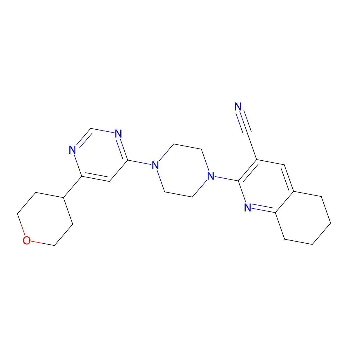 2-{4-[6-(Oxan-4-yl)pyrimidin-4-yl]piperazin-1-yl}-5,6,7,8-tetrahydroquinoline-3-carbonitrile molecular structure, CAS 2415488-17-2