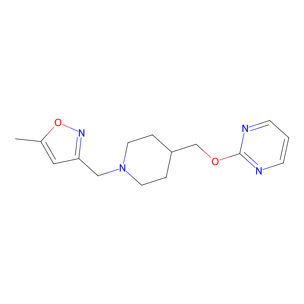 2-({1-[(5-Methyl-1,2-oxazol-3-yl)methyl]piperidin-4-yl}methoxy)pyrimidine molecular structure, CAS 2415488-21-8