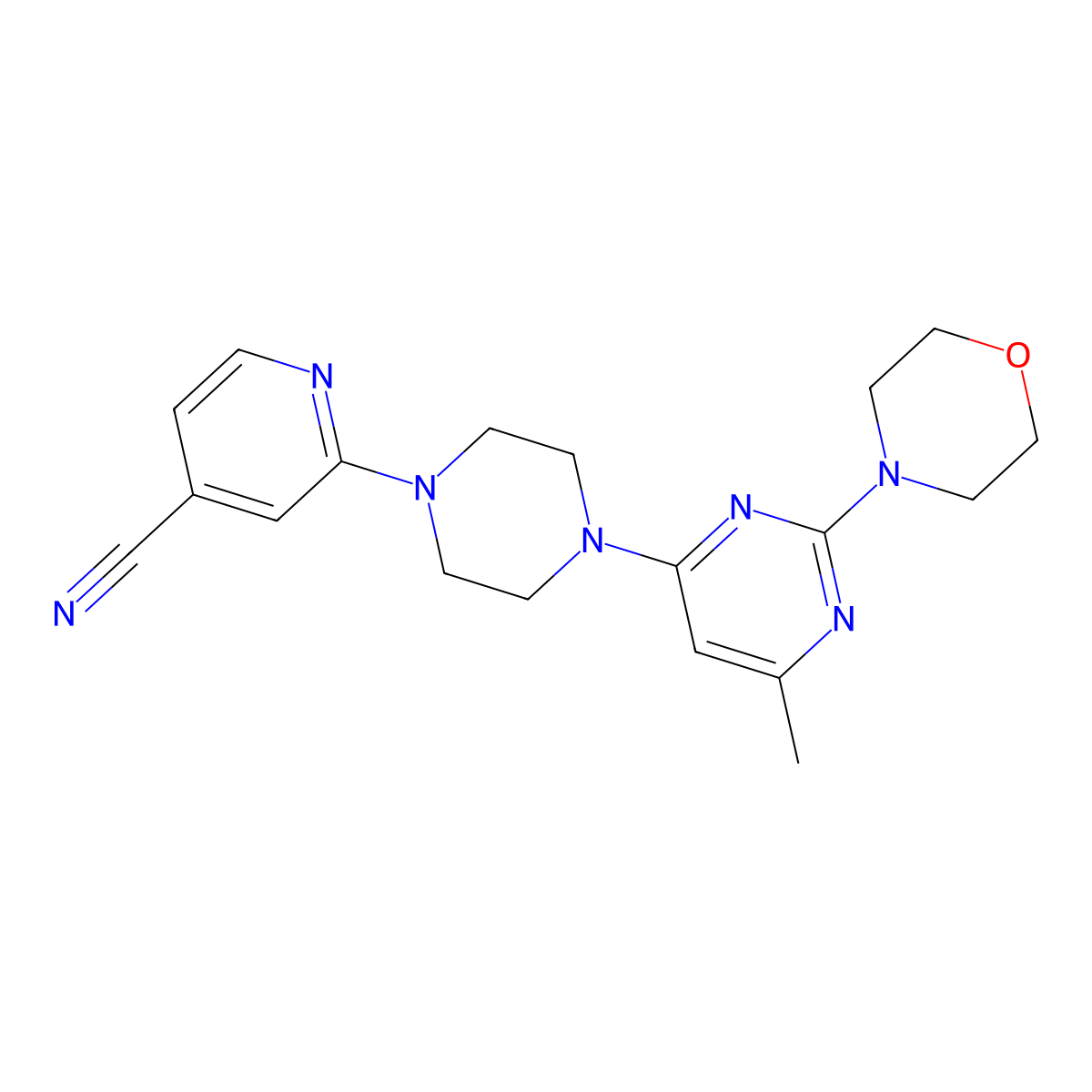 2-{4-[6-Methyl-2-(morpholin-4-yl)pyrimidin-4-yl]piperazin-1-yl}pyridine-4-carbonitrile molecular structure, CAS 2415488-25-2