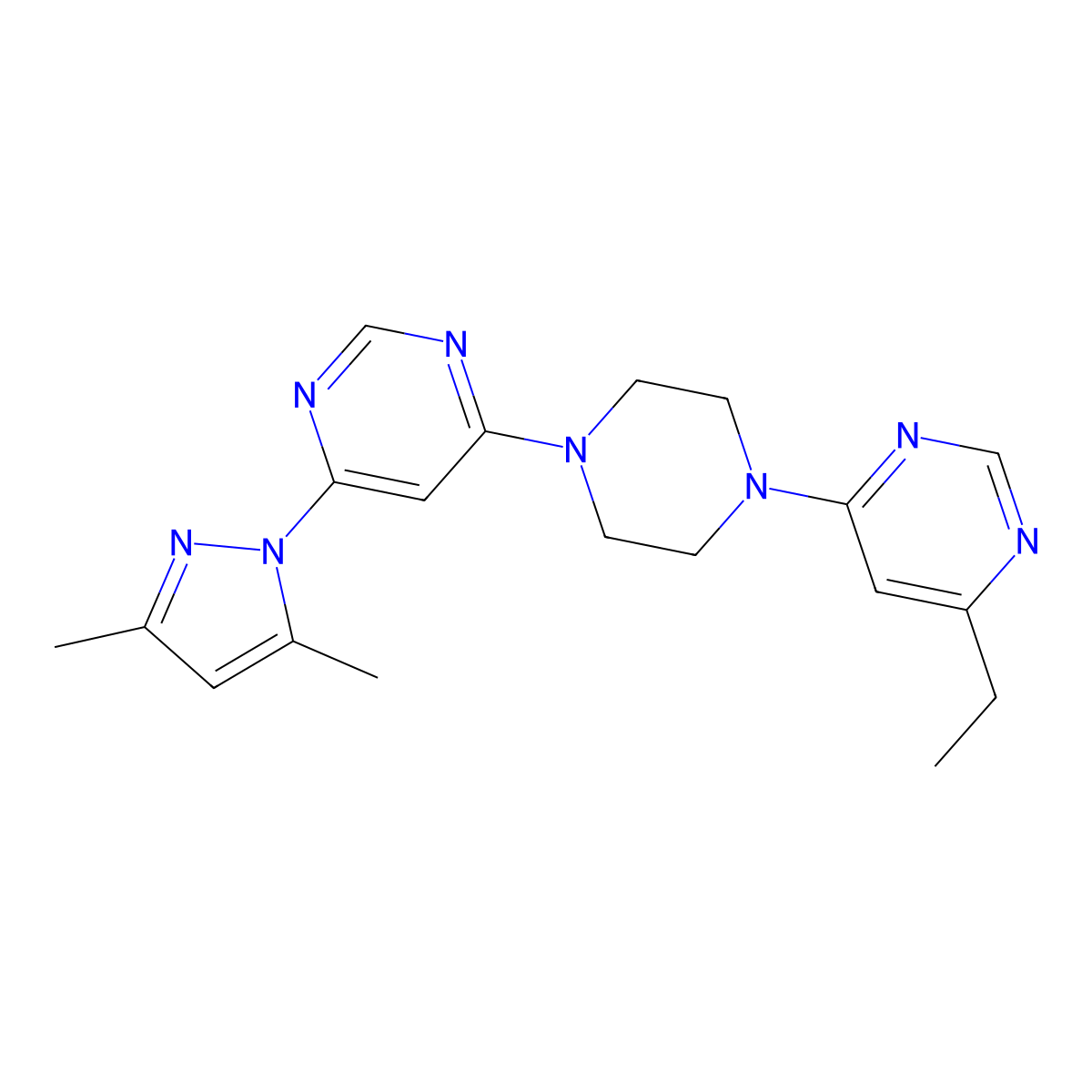 4-(3,5-dimethyl-1H-pyrazol-1-yl)-6-[4-(6-ethylpyrimidin-4-yl)piperazin-1-yl]pyrimidine molecular structure, CAS 2415488-35-4