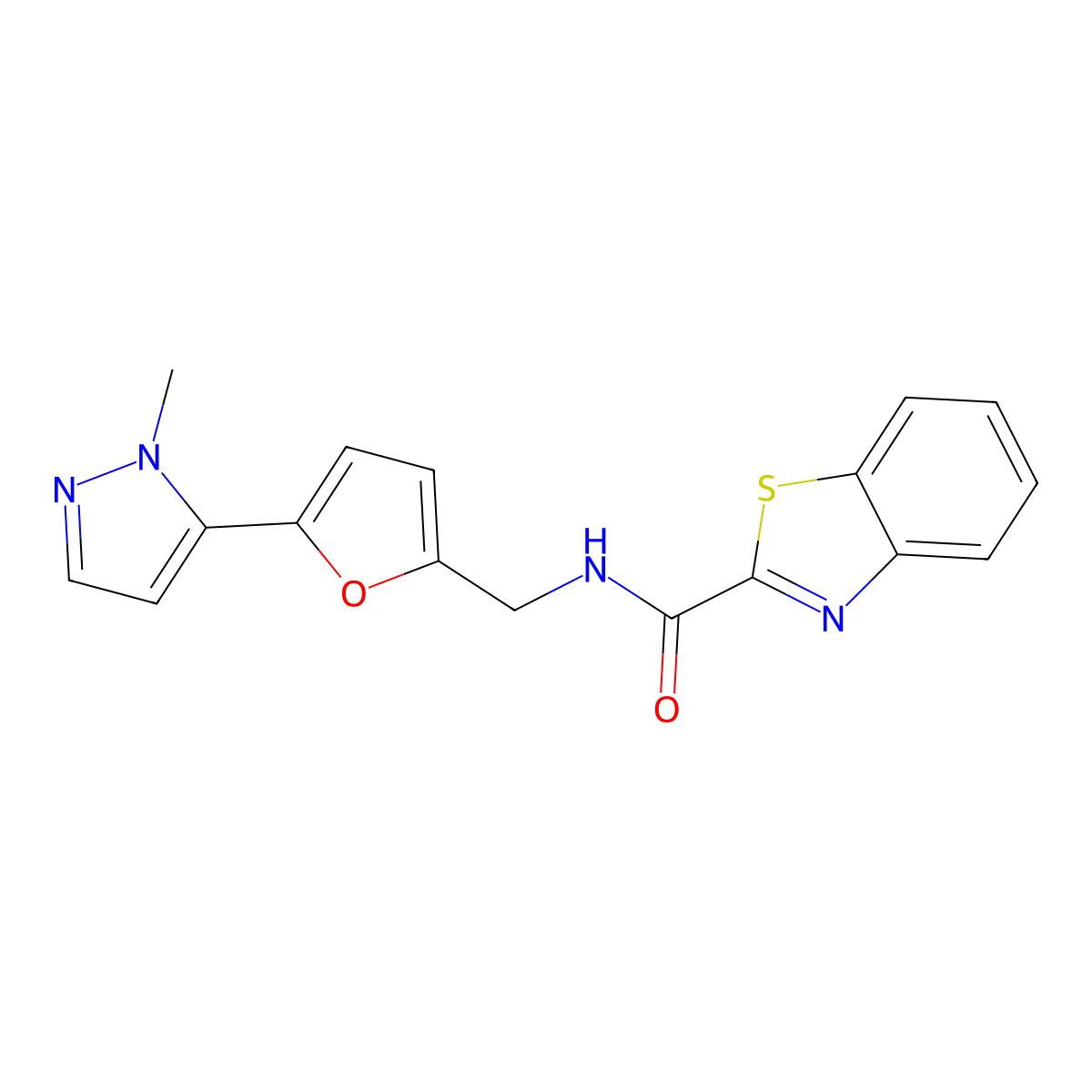 N-{[5-(1-methyl-1H-pyrazol-5-yl)furan-2-yl]methyl}-1,3-benzothiazole-2-carboxamide molecular structure, CAS 2415488-53-6