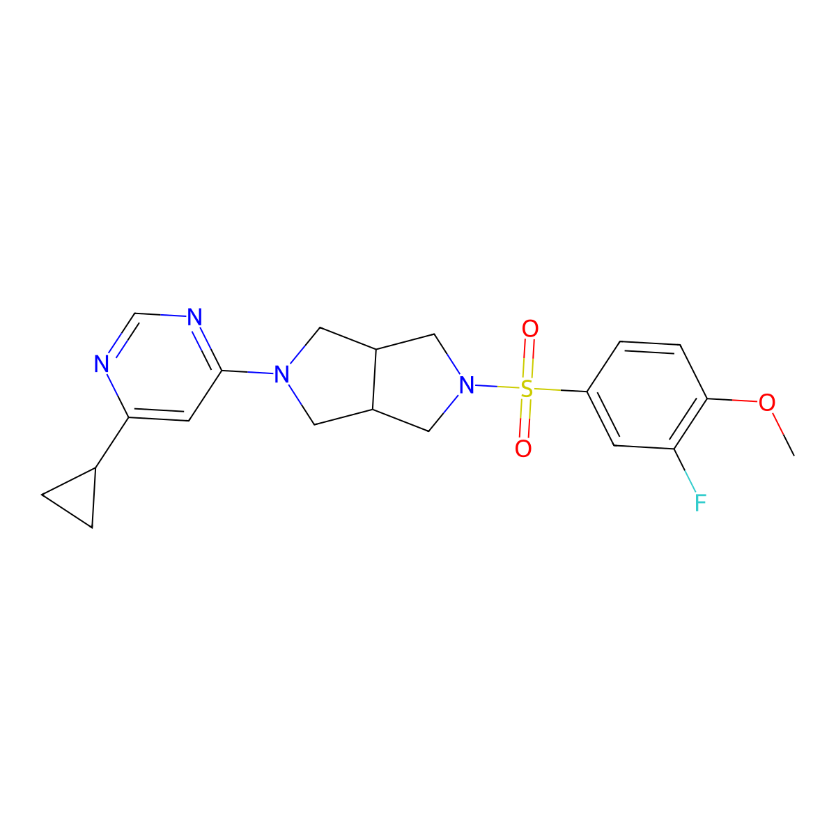 4-Cyclopropyl-6-[5-(3-fluoro-4-methoxybenzenesulfonyl)-octahydropyrrolo[3,4-c]pyrrol-2-yl]pyrimidine molecular structure, CAS 2415488-55-8