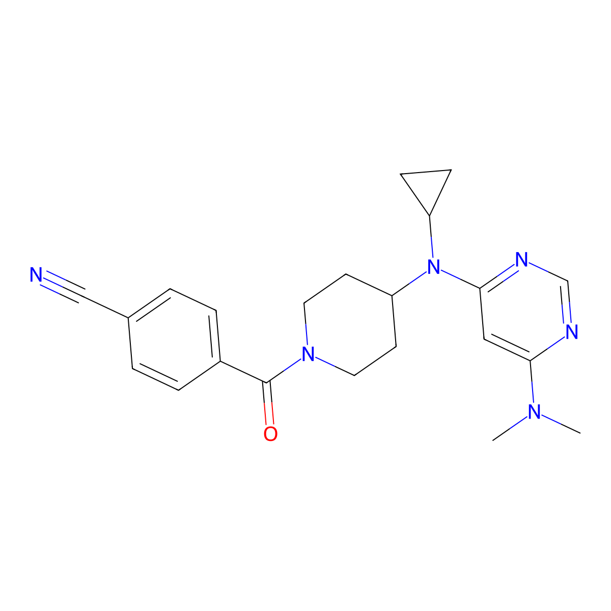 4-(4-{Cyclopropyl[6-(dimethylamino)pyrimidin-4-yl]amino}piperidine-1-carbonyl)benzonitrile molecular structure, CAS 2415488-77-4