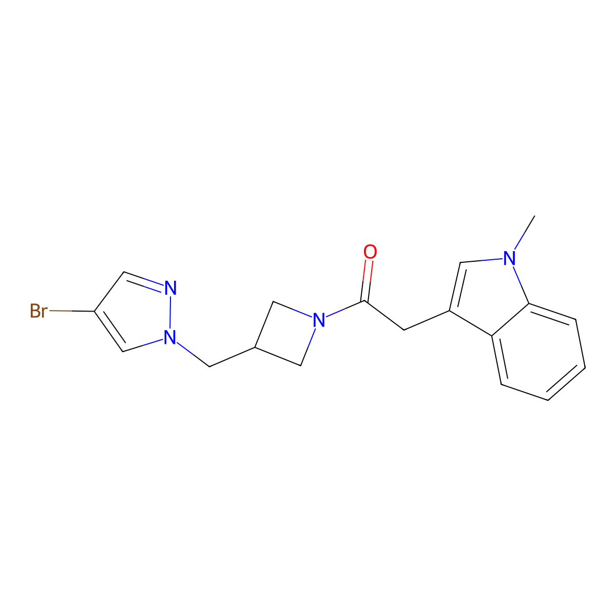 1-{3-[(4-bromo-1H-pyrazol-1-yl)methyl]azetidin-1-yl}-2-(1-methyl-1H-indol-3-yl)ethan-1-one molecular structure, CAS 2415488-99-0