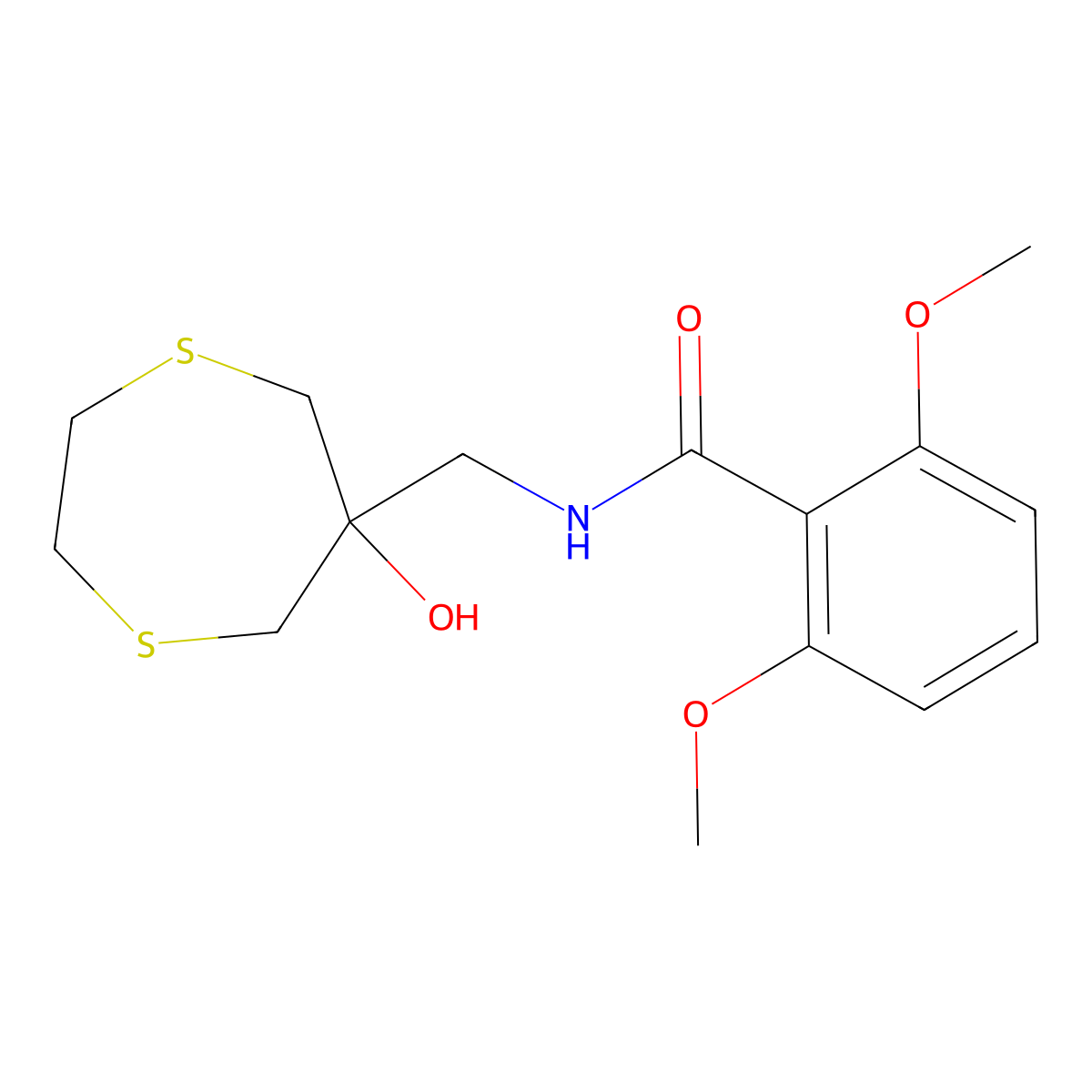 N-[(6-Hydroxy-1,4-dithiepan-6-yl)methyl]-2,6-dimethoxybenzamide molecular structure, CAS 2415489-02-8