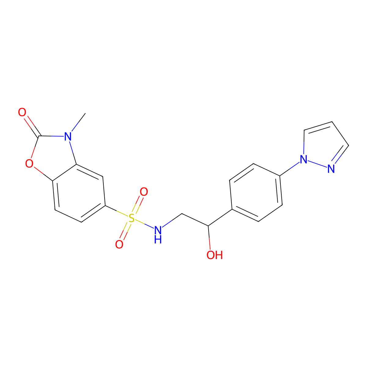 N-{2-hydroxy-2-[4-(1H-pyrazol-1-yl)phenyl]ethyl}-3-methyl-2-oxo-2,3-dihydro-1,3-benzoxazole-5-sulfonamide molecular structure, CAS 2415489-06-2