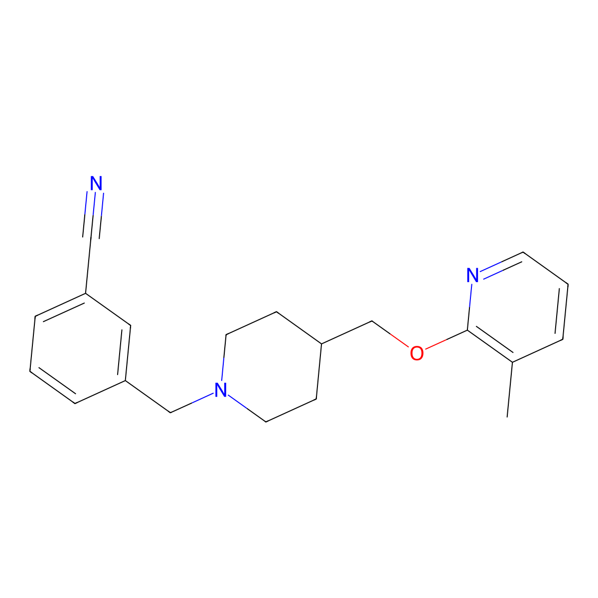 3-[(4-{[(3-Methylpyridin-2-yl)oxy]methyl}piperidin-1-yl)methyl]benzonitrile molecular structure, CAS 2415489-16-4