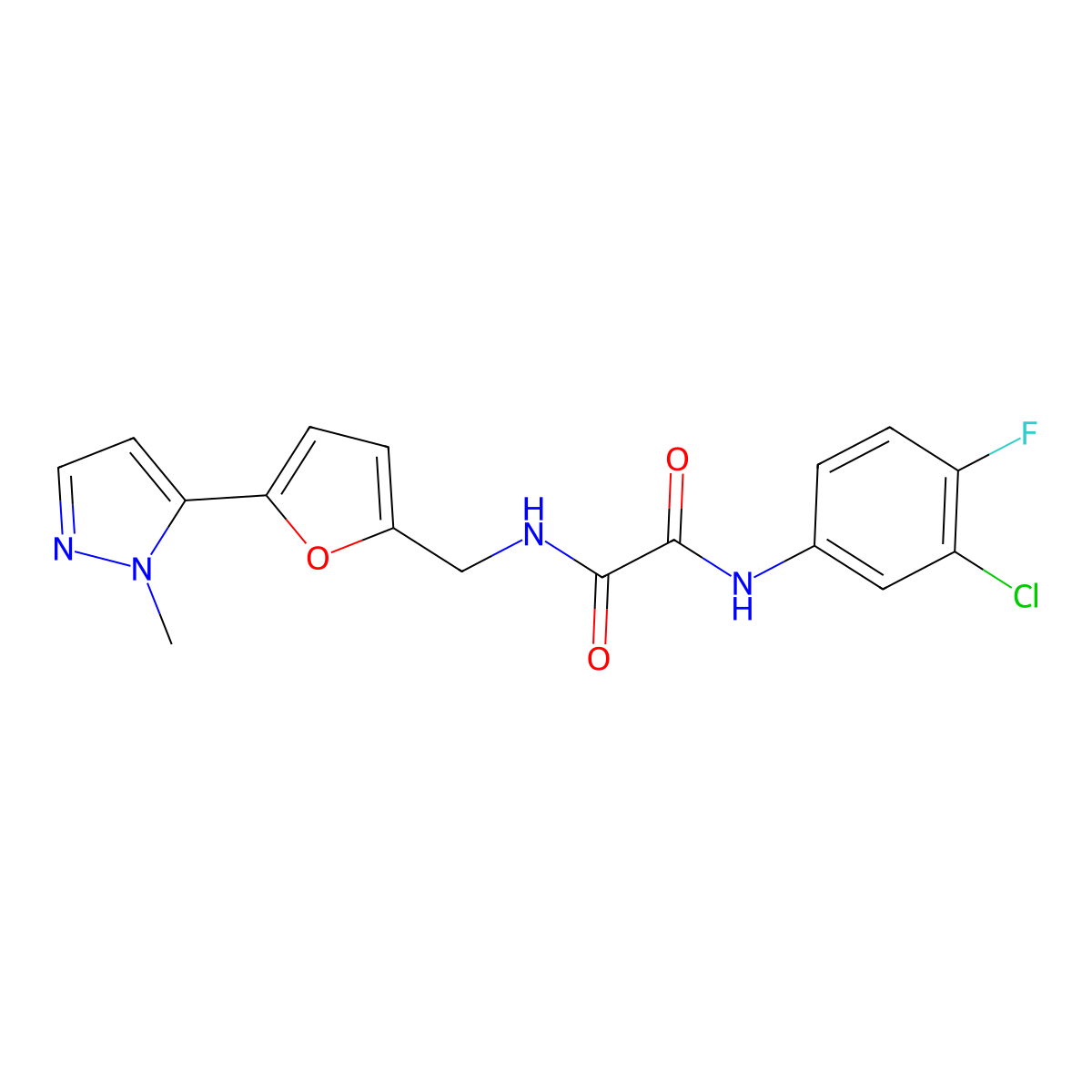 N'-(3-chloro-4-fluorophenyl)-N-{[5-(1-methyl-1H-pyrazol-5-yl)furan-2-yl]methyl}ethanediamide molecular structure, CAS 2415489-30-2