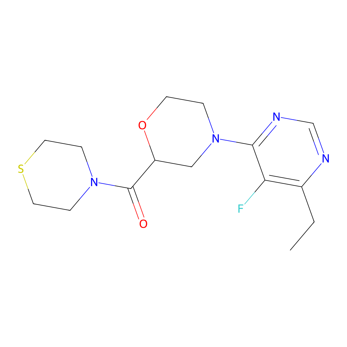 4-(6-Ethyl-5-fluoropyrimidin-4-yl)-2-(thiomorpholine-4-carbonyl)morpholine molecular structure, CAS 2415489-32-4