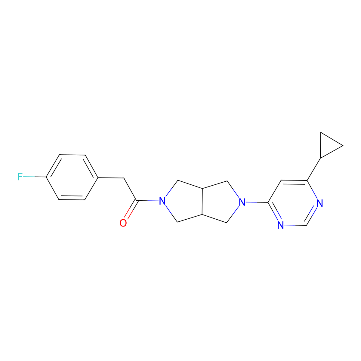1-[5-(6-Cyclopropylpyrimidin-4-yl)-octahydropyrrolo[3,4-c]pyrrol-2-yl]-2-(4-fluorophenyl)ethan-1-one molecular structure, CAS 2415489-50-6
