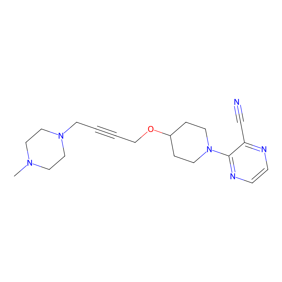 3-(4-{[4-(4-Methylpiperazin-1-yl)but-2-yn-1-yl]oxy}piperidin-1-yl)pyrazine-2-carbonitrile molecular structure, CAS 2415489-58-4