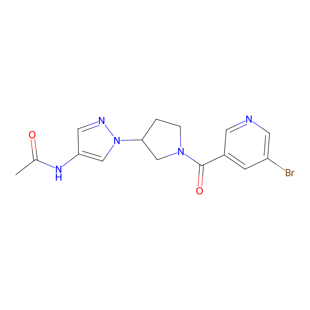 N-{1-[1-(5-bromopyridine-3-carbonyl)pyrrolidin-3-yl]-1H-pyrazol-4-yl}acetamide molecular structure, CAS 2415489-60-8
